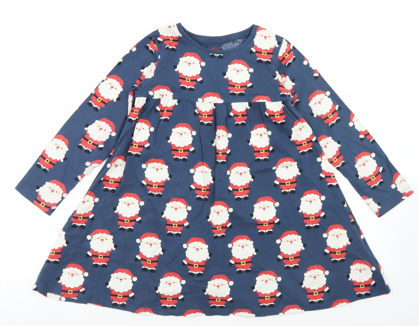 NEXT Girls Blue Geometric Cotton Fit & Flare  Size 5-6 Years  Crew Neck  - Christmas Santa