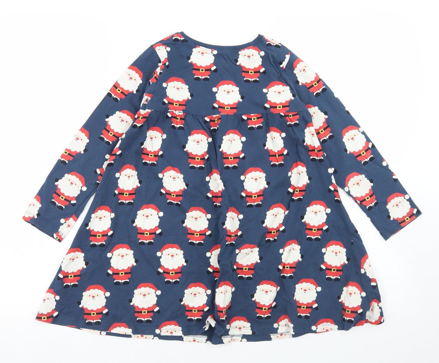 NEXT Girls Blue Geometric Cotton Fit & Flare  Size 5-6 Years  Crew Neck  - Christmas Santa