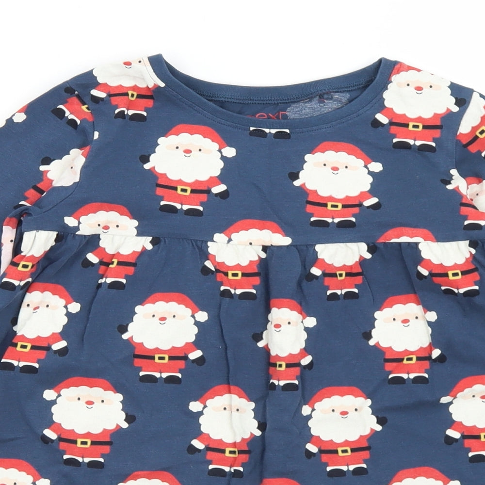 NEXT Girls Blue Geometric Cotton Fit & Flare  Size 5-6 Years  Crew Neck  - Christmas Santa