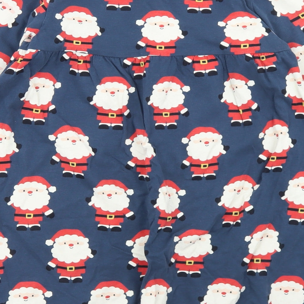 NEXT Girls Blue Geometric Cotton Fit & Flare  Size 5-6 Years  Crew Neck  - Christmas Santa