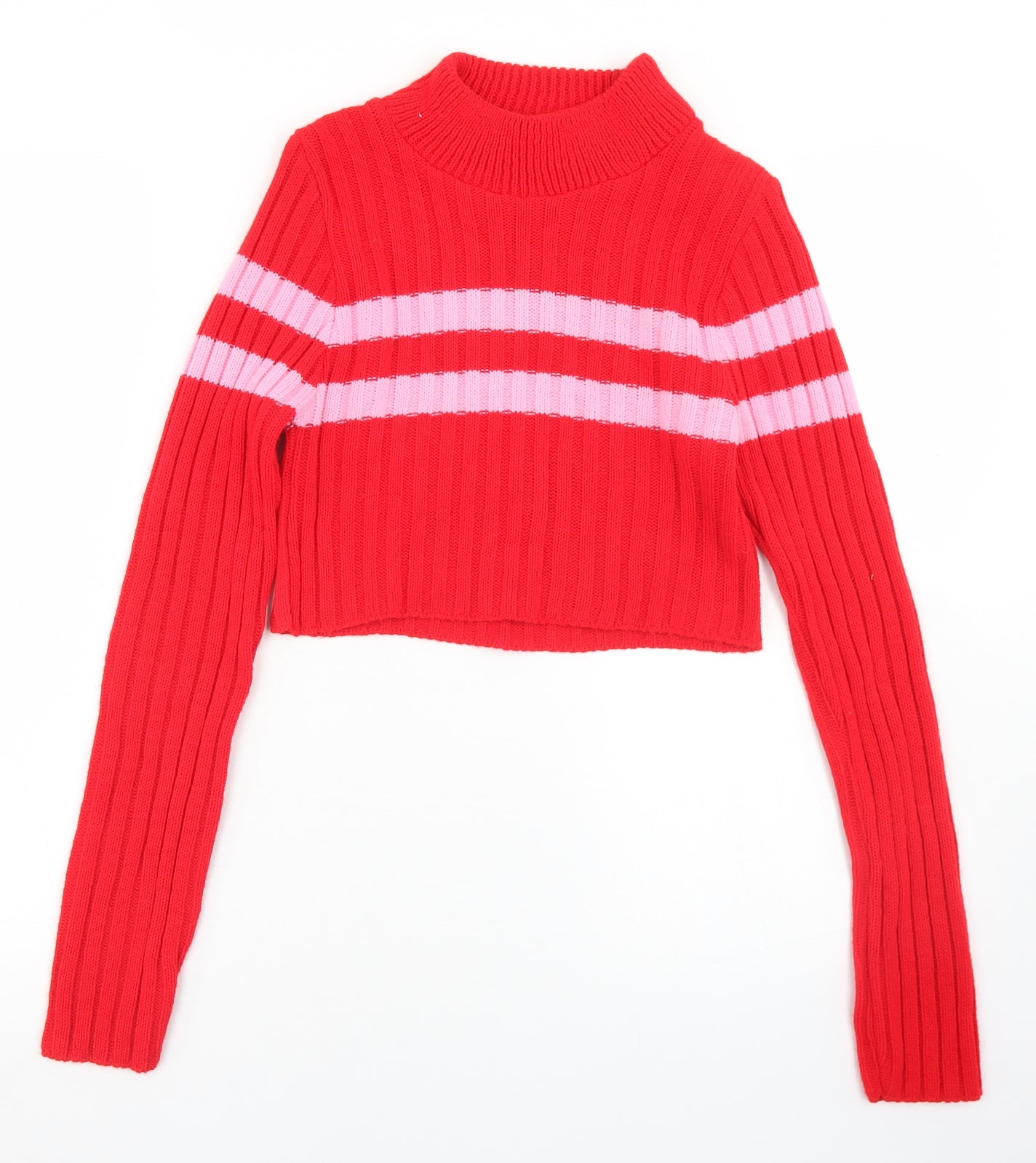 PRETTYLITTLETHING Womens Red Mock Neck Striped Acrylic Pullover Jumper Size 6
