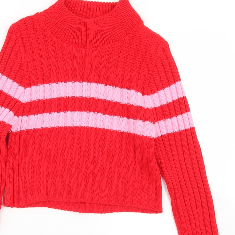 PRETTYLITTLETHING Womens Red Mock Neck Striped Acrylic Pullover Jumper Size 6