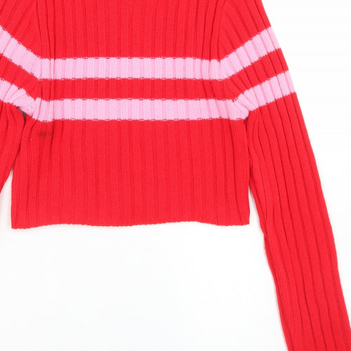 PRETTYLITTLETHING Womens Red Mock Neck Striped Acrylic Pullover Jumper Size 6