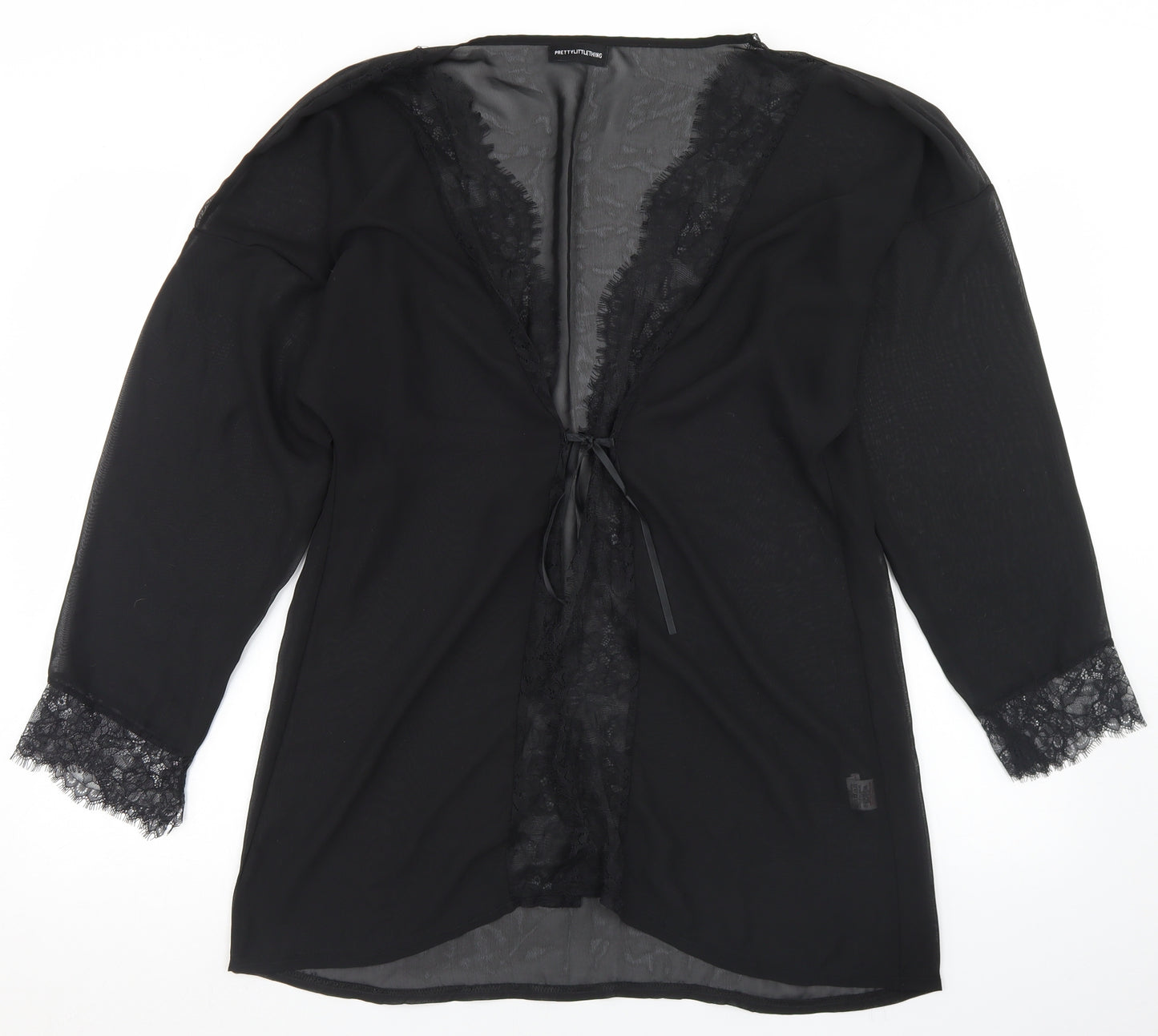 PRETTYLITTLETHING Womens Black   Kimono Jacket Size S  Tie - Lace Trim