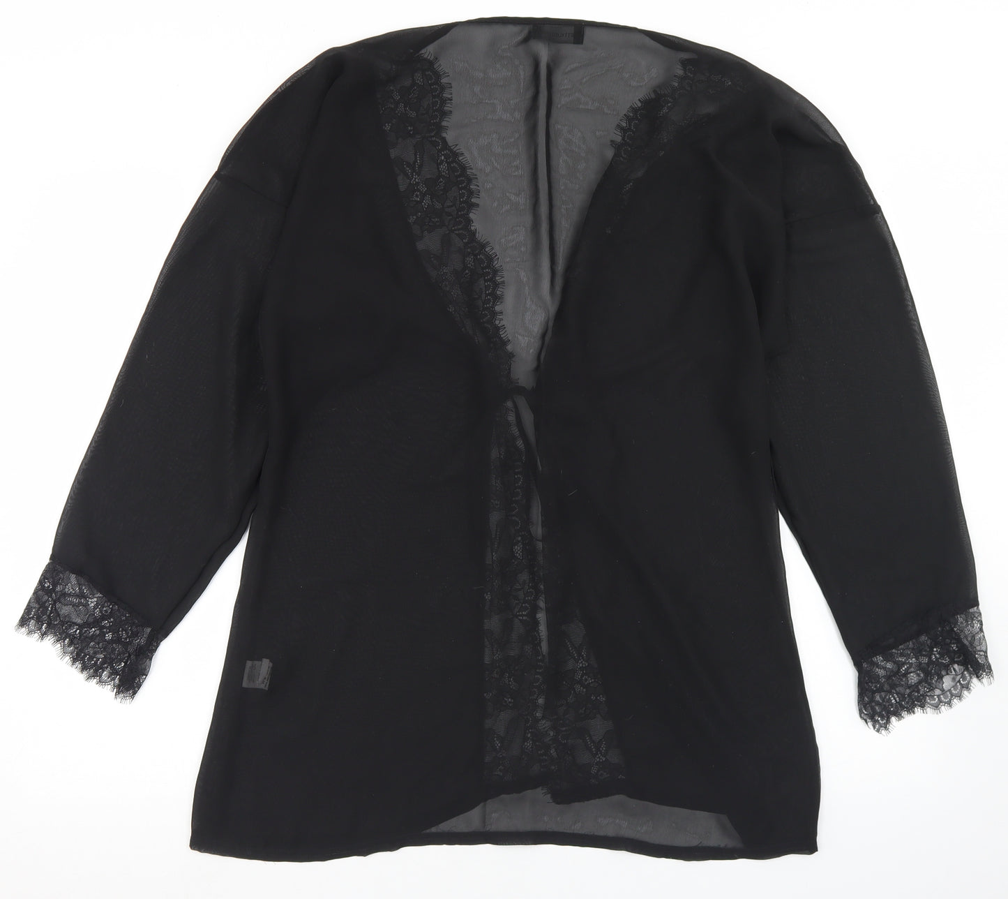 PRETTYLITTLETHING Womens Black   Kimono Jacket Size S  Tie - Lace Trim