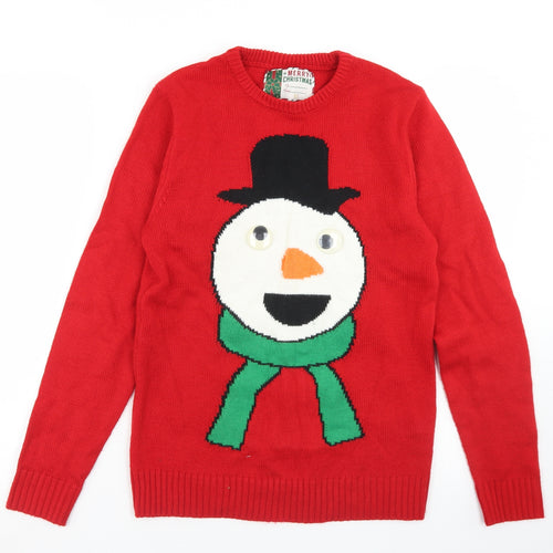 Cedar Wood State Mens Red Crew Neck  Acrylic Pullover Jumper Size XS   - Snowman Christmas