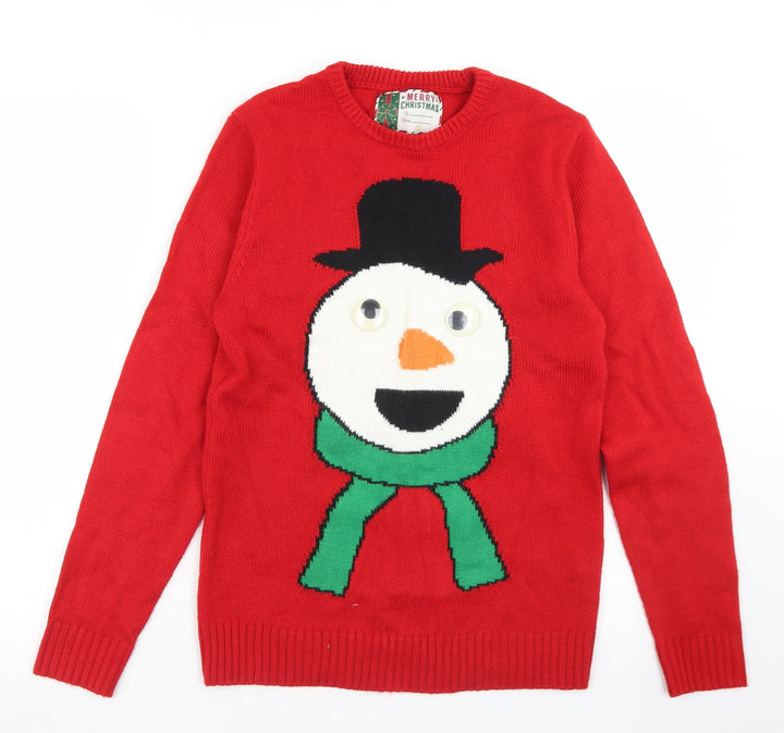 Cedar Wood State Mens Red Crew Neck Acrylic Pullover Jumper Size XS - Snowman Christmas