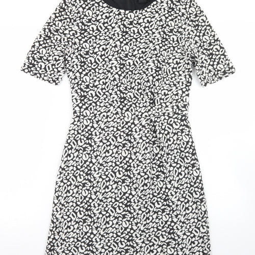 H&M Womens Black Animal Print Polyester Skater Dress  Size 8  Round Neck Zip
