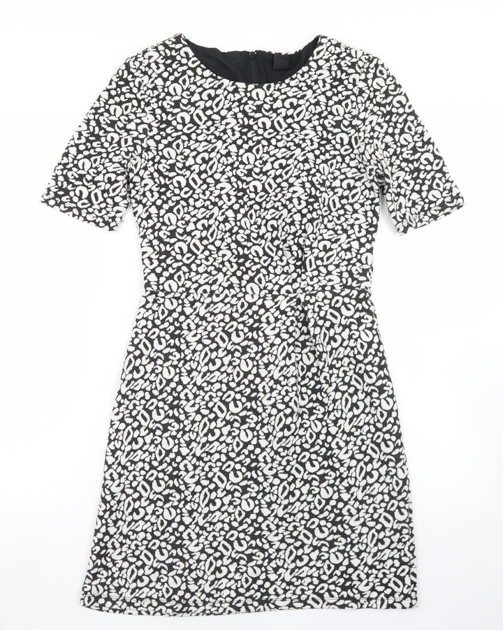 H&M Womens Black Animal Print Polyester Skater Dress  Size 8  Round Neck Zip