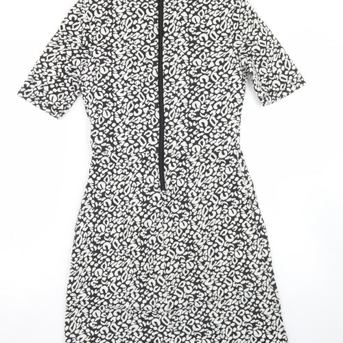 H&M Womens Black Animal Print Polyester Skater Dress  Size 8  Round Neck Zip