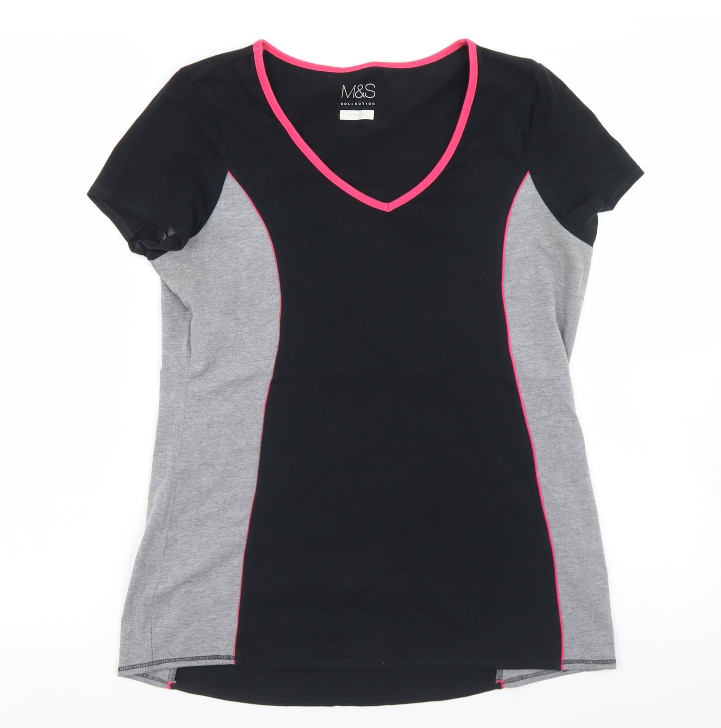 Marks and Spencer Womens Black Colourblock Cotton Basic T-Shirt Size 12 V-Neck