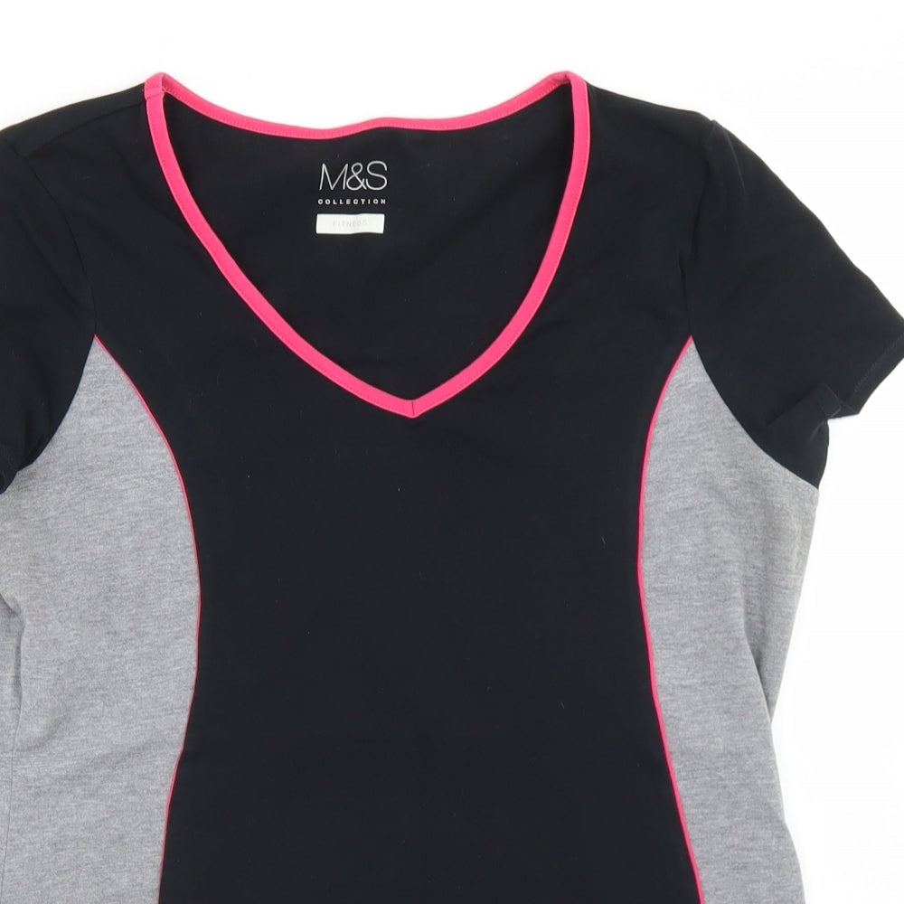 Marks and Spencer Womens Black Colourblock Cotton Basic T-Shirt Size 12 V-Neck