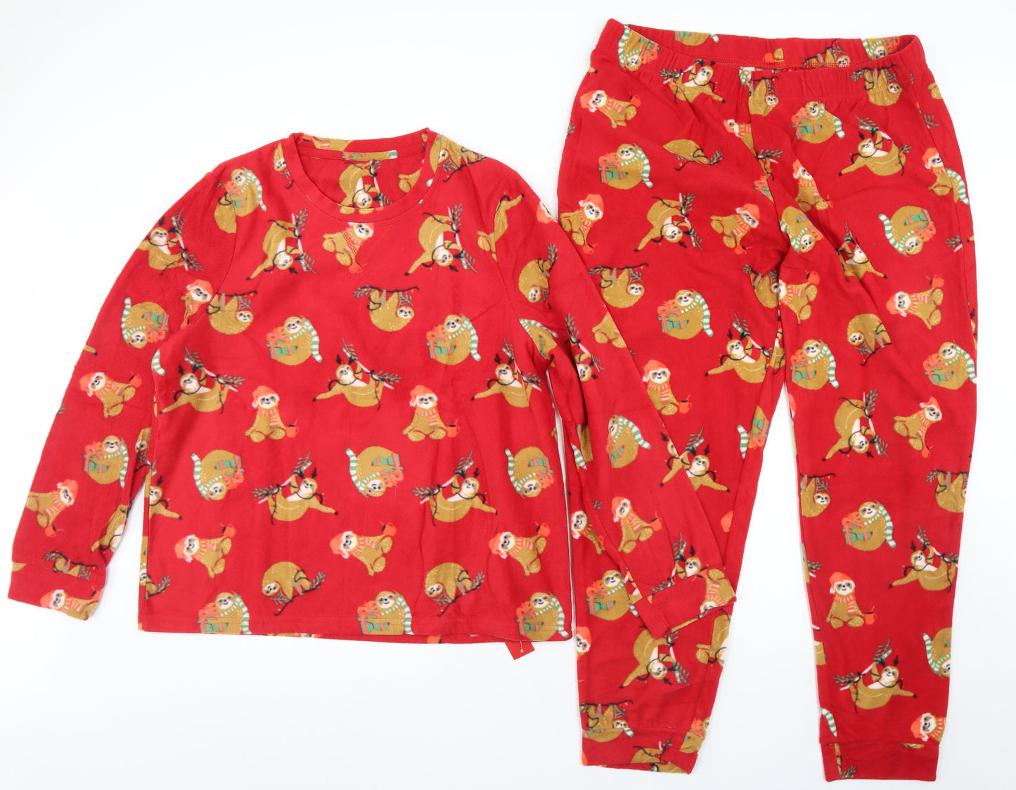 Dunnes Stores Womens Red Geometric Polyester Top Pyjama Set Size L   - Sloth Christmas
