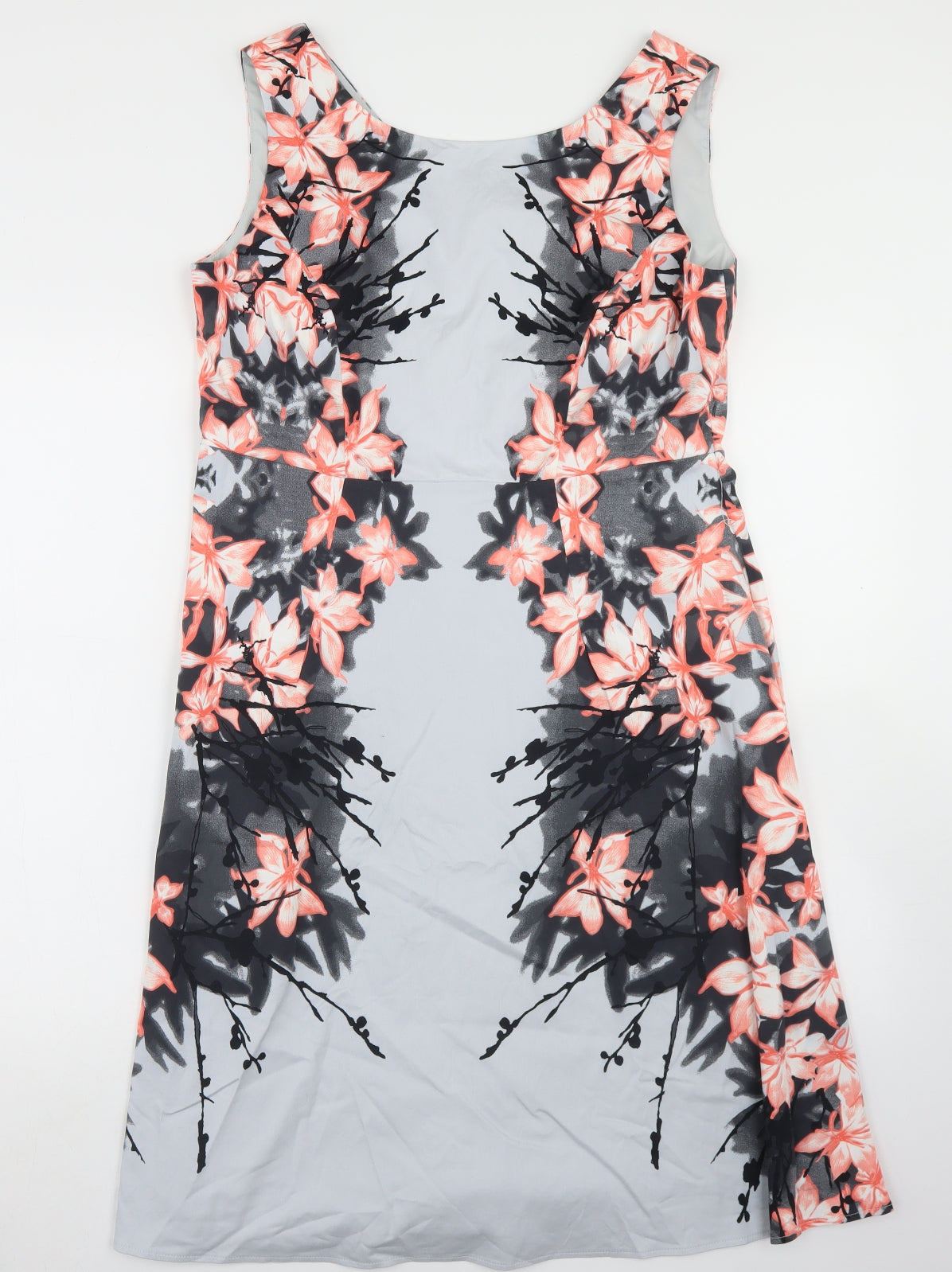 Per Una Womens Grey Floral Cotton Sheath  Size 14  Round Neck Zip