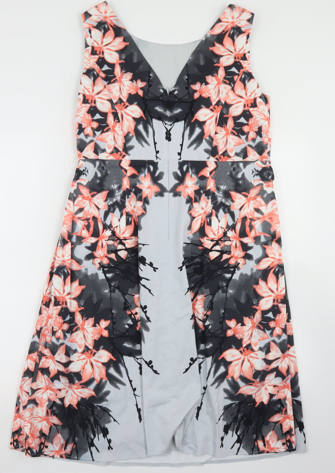 Per Una Womens Grey Floral Cotton Sheath  Size 14  Round Neck Zip