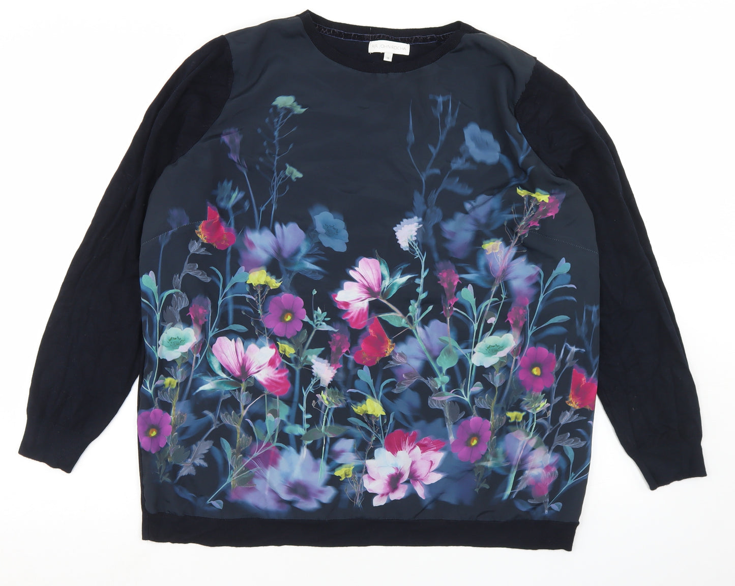 John Rocha Womens Blue Round Neck Floral Viscose Pullover Jumper Size 18