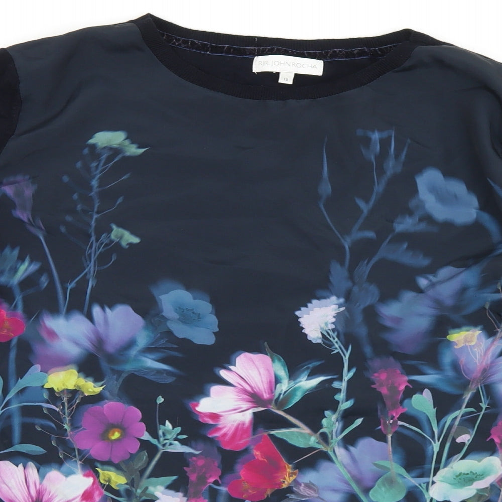 John Rocha Womens Blue Round Neck Floral Viscose Pullover Jumper Size 18