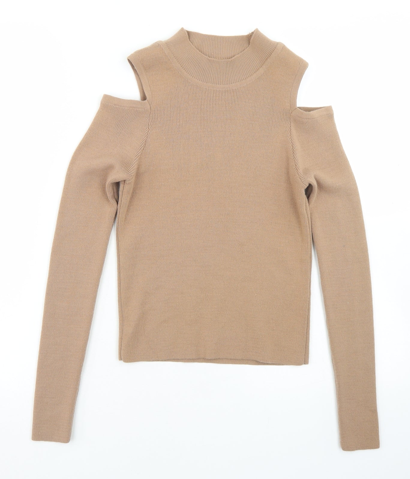 Primark Womens Beige Mock Neck  Acrylic Pullover Jumper Size 10   - Cropped, Cold Shoulder
