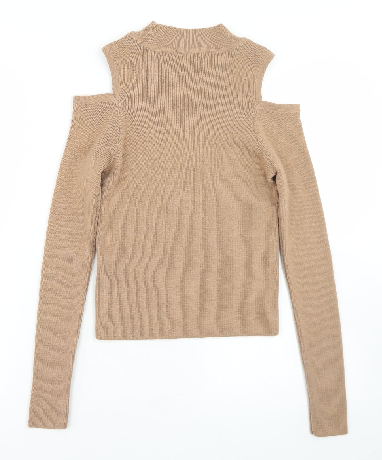 Primark Womens Beige Mock Neck  Acrylic Pullover Jumper Size 10   - Cropped, Cold Shoulder