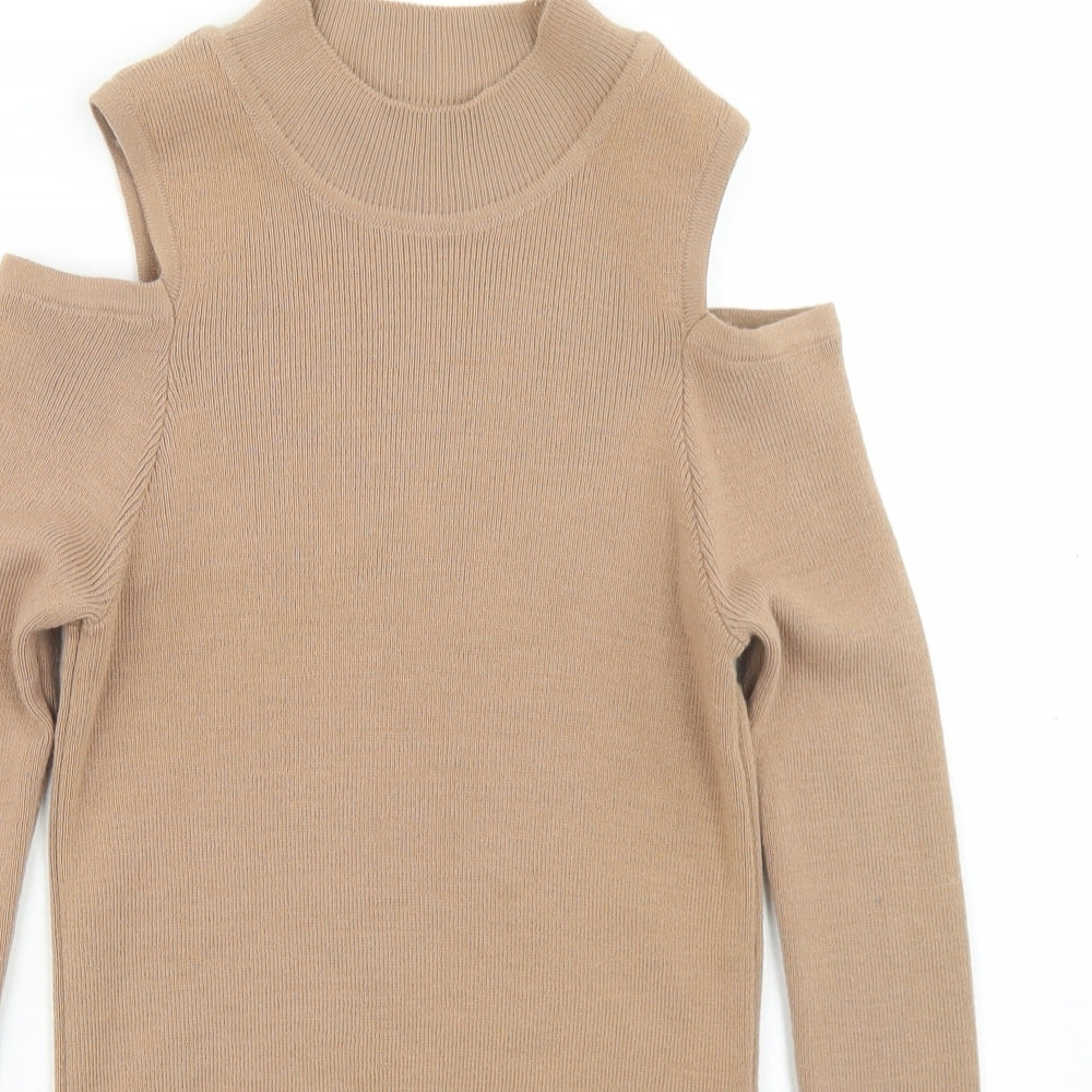 Primark Womens Beige Mock Neck  Acrylic Pullover Jumper Size 10   - Cropped, Cold Shoulder