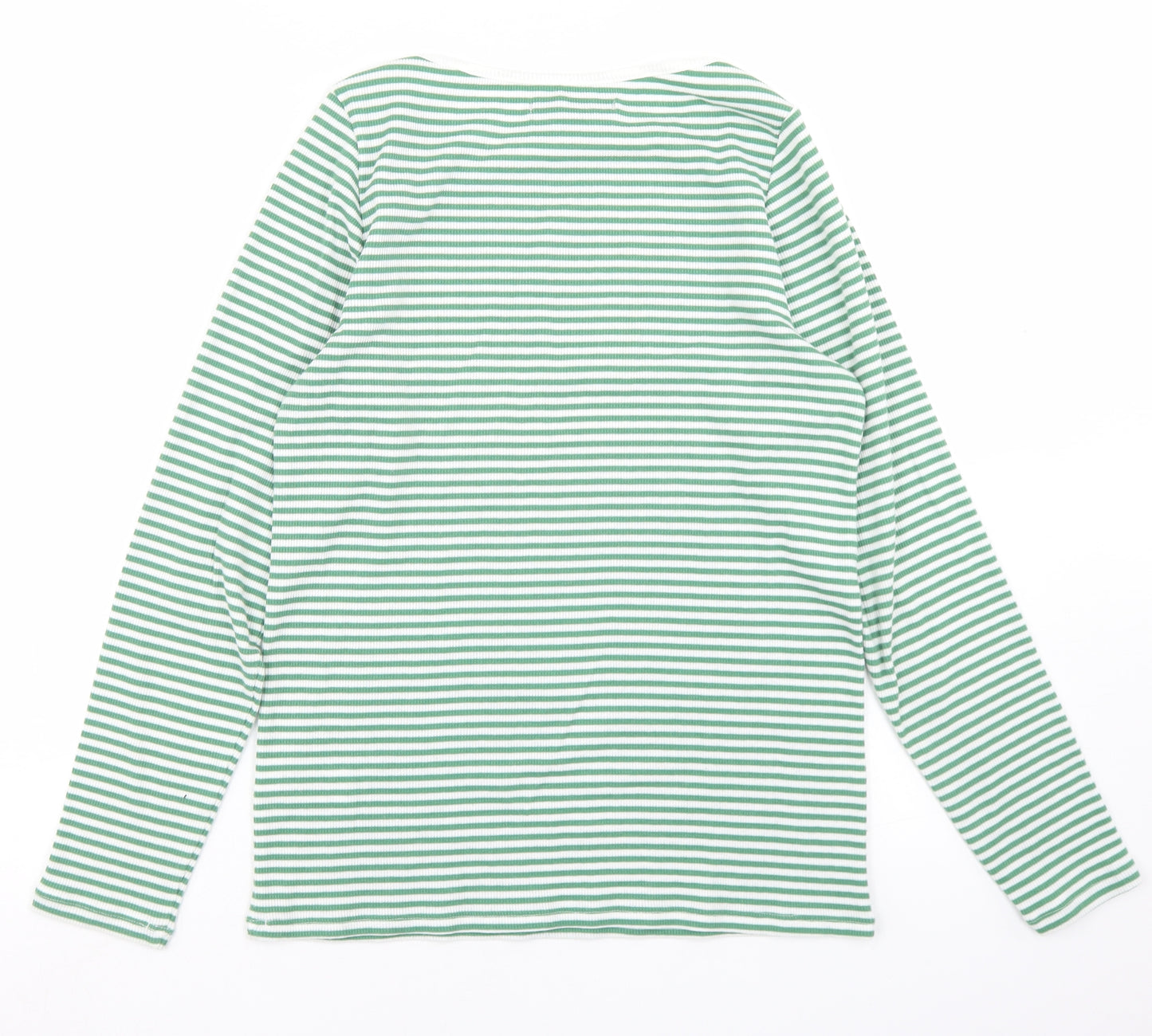 Marks and Spencer Womens Green Striped Polyester Basic T-Shirt Size 12 Crew Neck