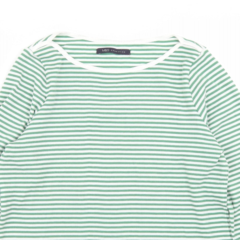 Marks and Spencer Womens Green Striped Polyester Basic T-Shirt Size 12 Crew Neck