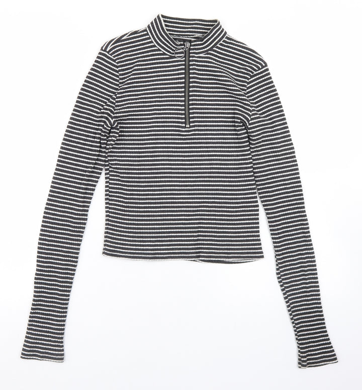 Hollister Girls Black Striped Cotton Cropped T-Shirt Size M Mock Neck