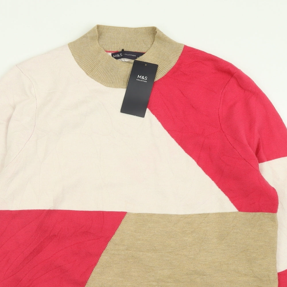 Marks and Spencer Womens Pink High Neck Geometric Viscose Pullover Jumper Size 16