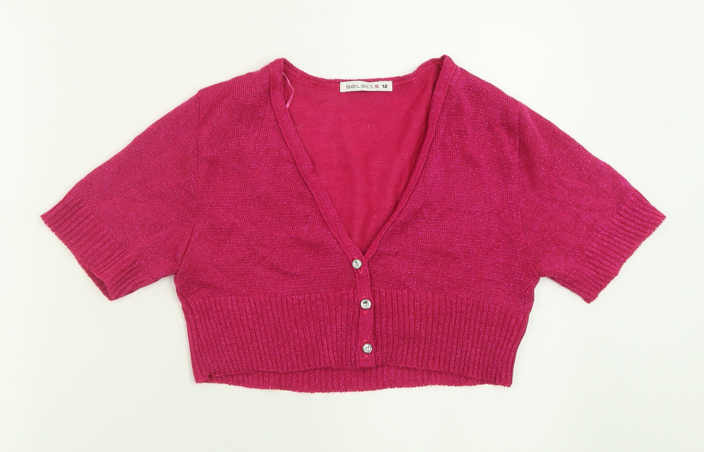 Select Womens Pink Crew Neck  Acrylic Cardigan Jumper Size 12   - Cropped
