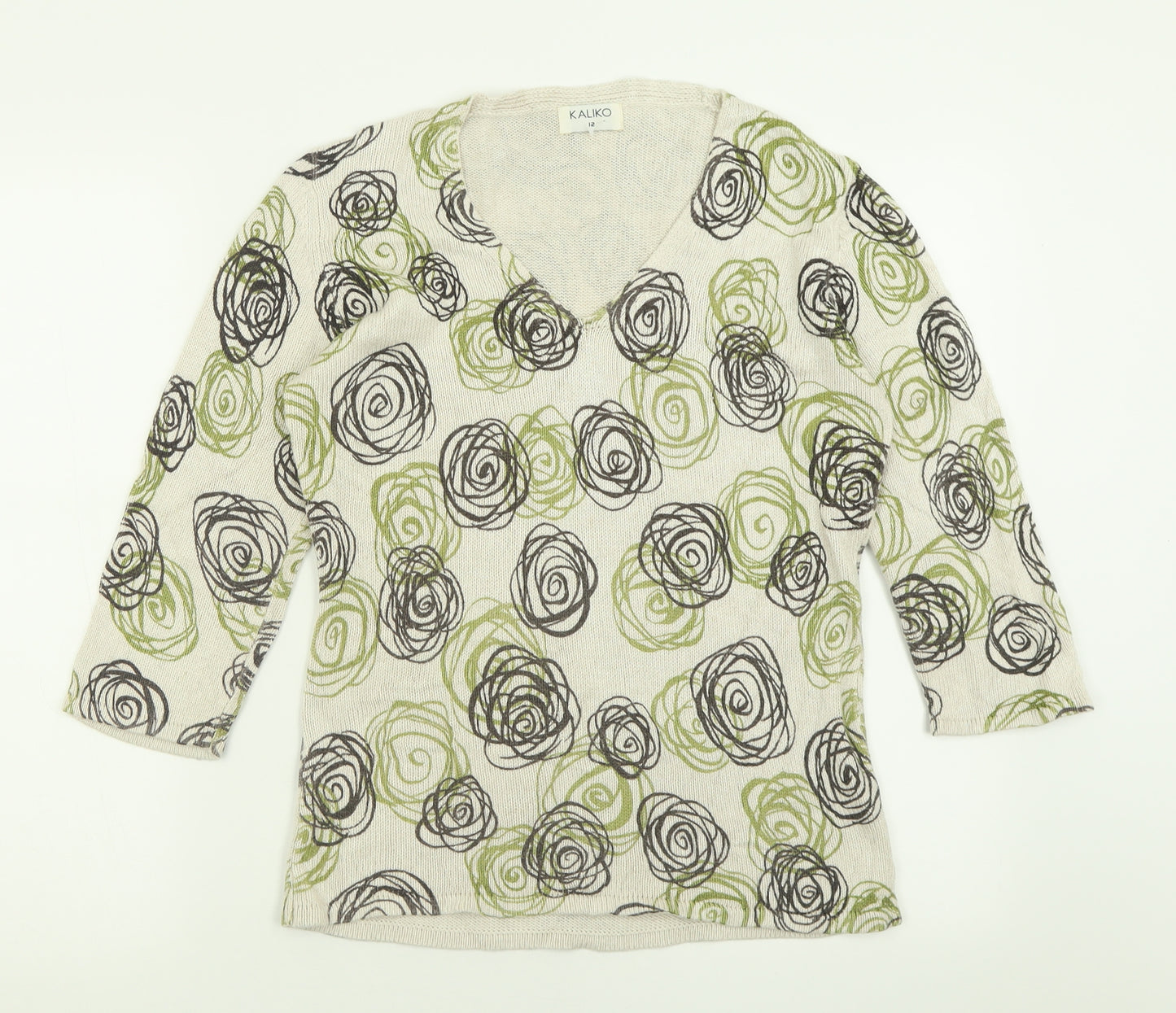 Kaliko Womens Green V-Neck Geometric Viscose Pullover Jumper Size 12
