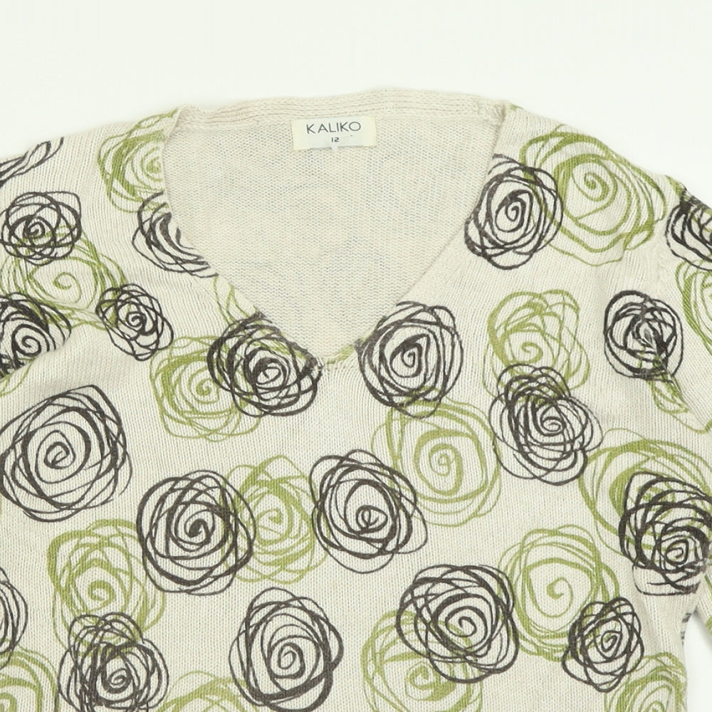 Kaliko Womens Green V-Neck Geometric Viscose Pullover Jumper Size 12