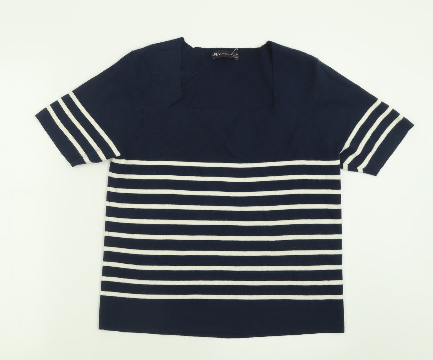 Marks and Spencer Womens Blue Striped Viscose Basic T-Shirt Size 18 Square Neck