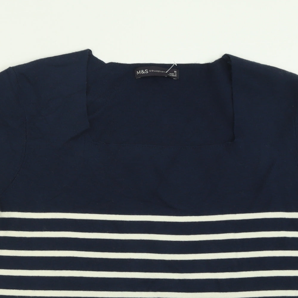 Marks and Spencer Womens Blue Striped Viscose Basic T-Shirt Size 18 Square Neck