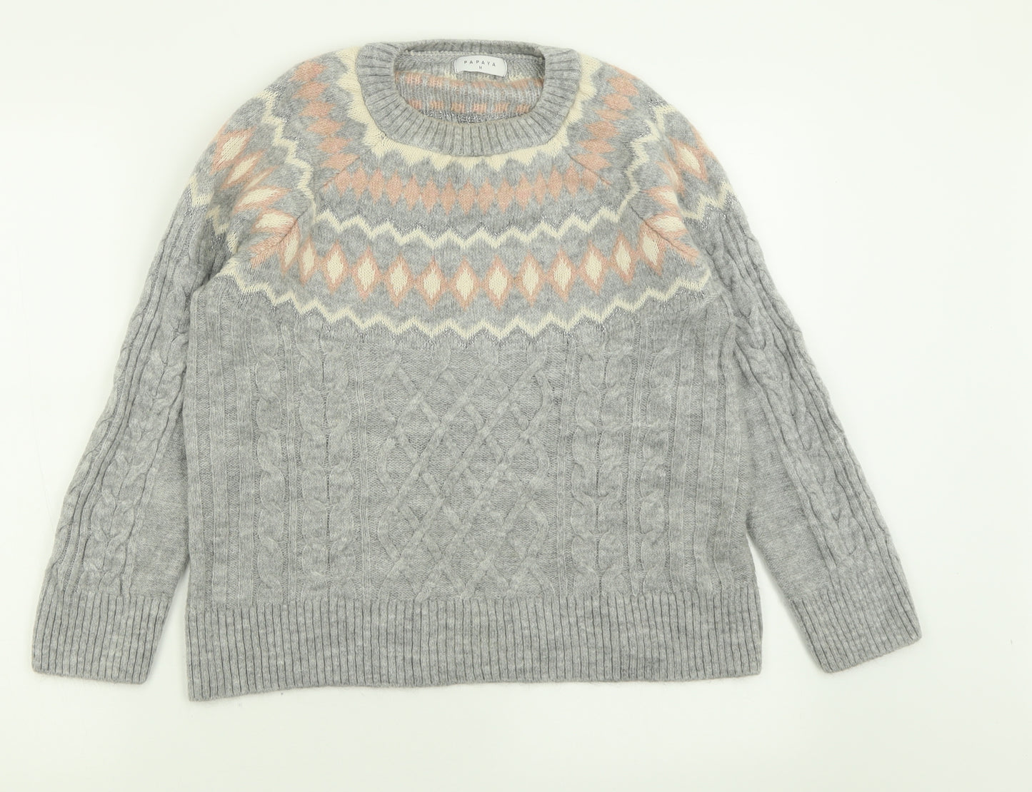 Papaya Womens Grey Crew Neck Geometric Acrylic Pullover Jumper Size M