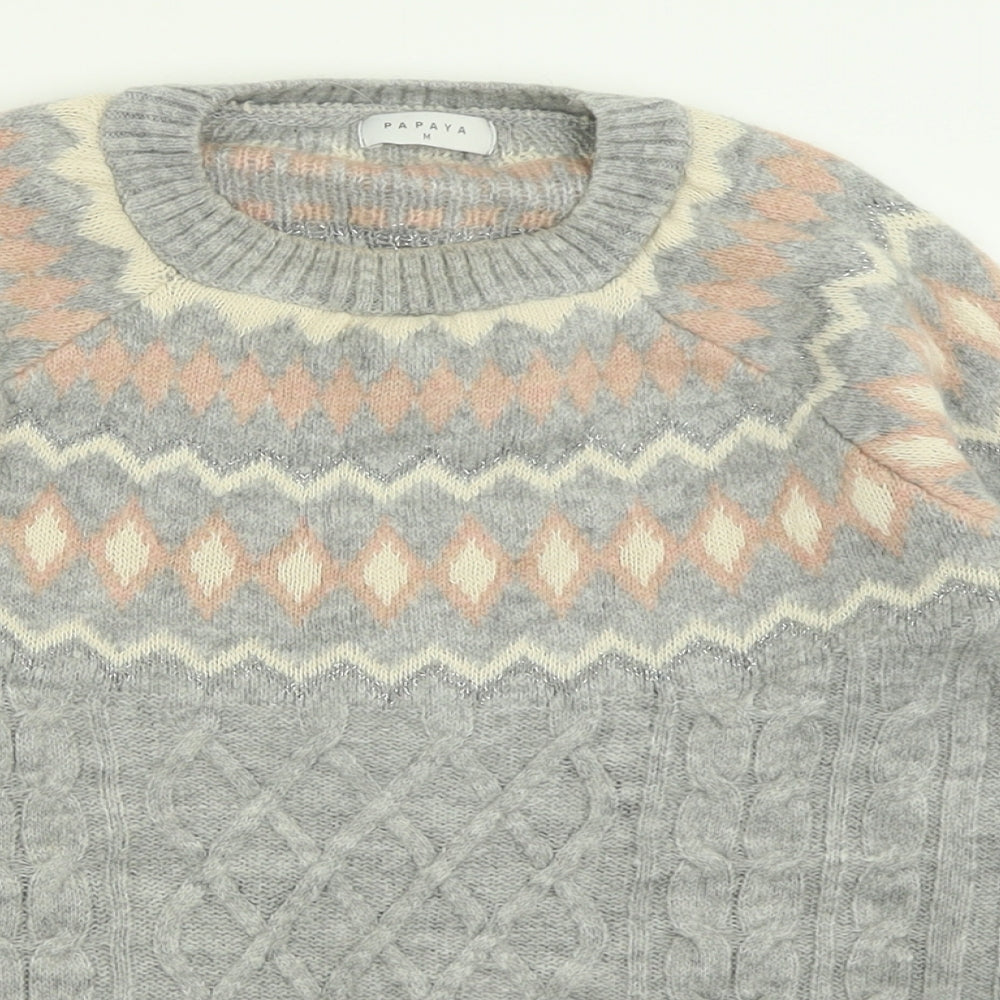 Papaya Womens Grey Crew Neck Geometric Acrylic Pullover Jumper Size M
