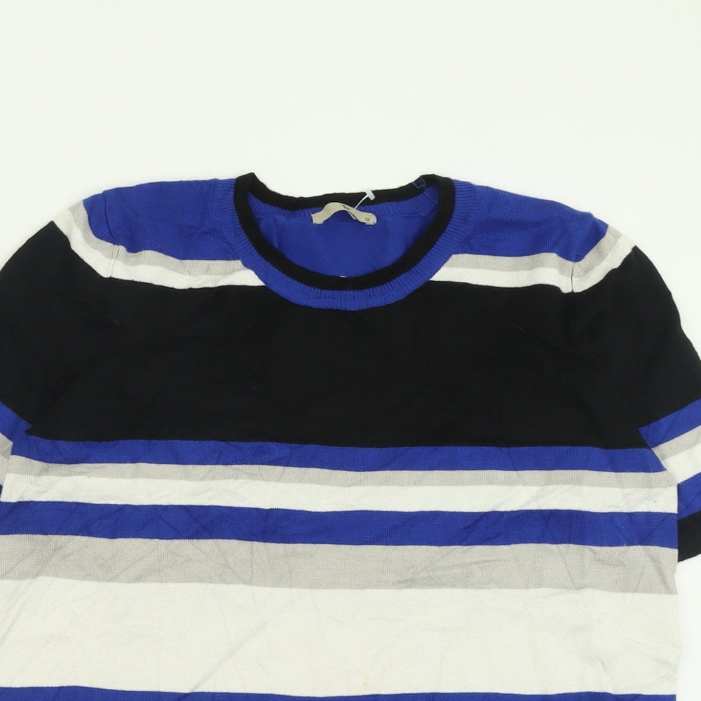 TU Womens Blue Striped Viscose Basic T-Shirt Size 12 Crew Neck