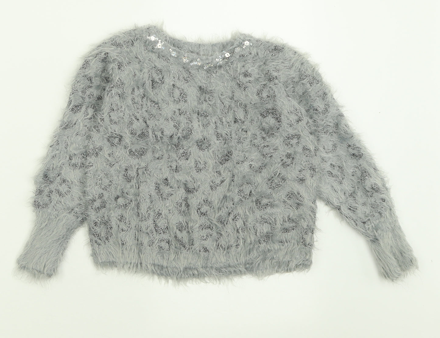 Marks and Spencer Girls Grey Crew Neck Animal Print Polyamide Pullover Jumper Size 7-8 Years  Pullover
