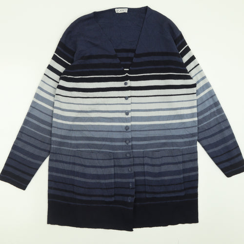 PLANET Womens Blue V-Neck Striped Acrylic Cardigan Jumper Size S