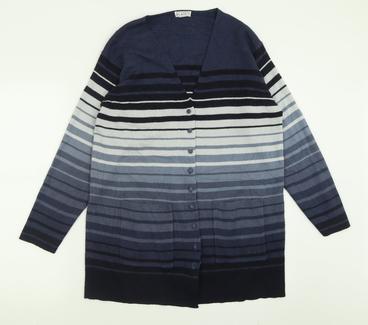 PLANET Womens Blue V-Neck Striped Acrylic Cardigan Jumper Size S
