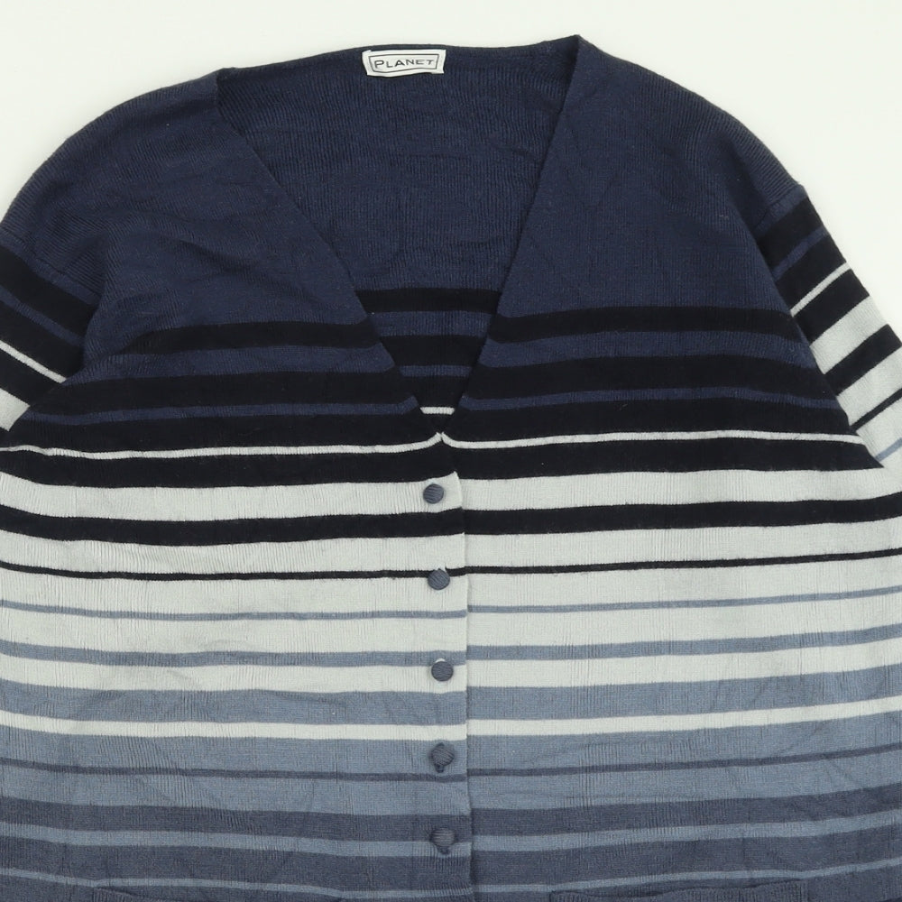 PLANET Womens Blue V-Neck Striped Acrylic Cardigan Jumper Size S