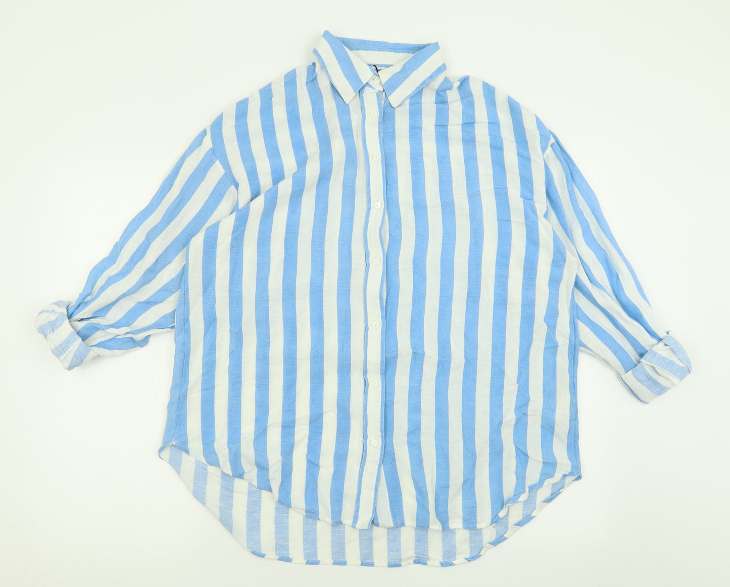 Stradivarius Womens Blue Striped Viscose Basic Button-Up Size M Collared