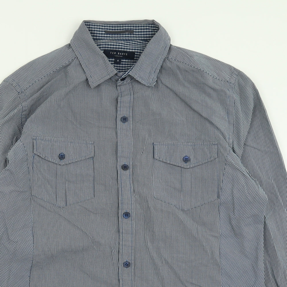 Ted Baker Mens Blue Plaid Cotton  Button-Up Size L Collared Button