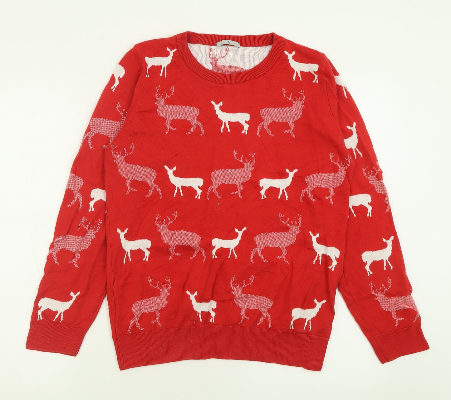 TU Womens Red Crew Neck Geometric Viscose Pullover Jumper Size 14   - Reindeer