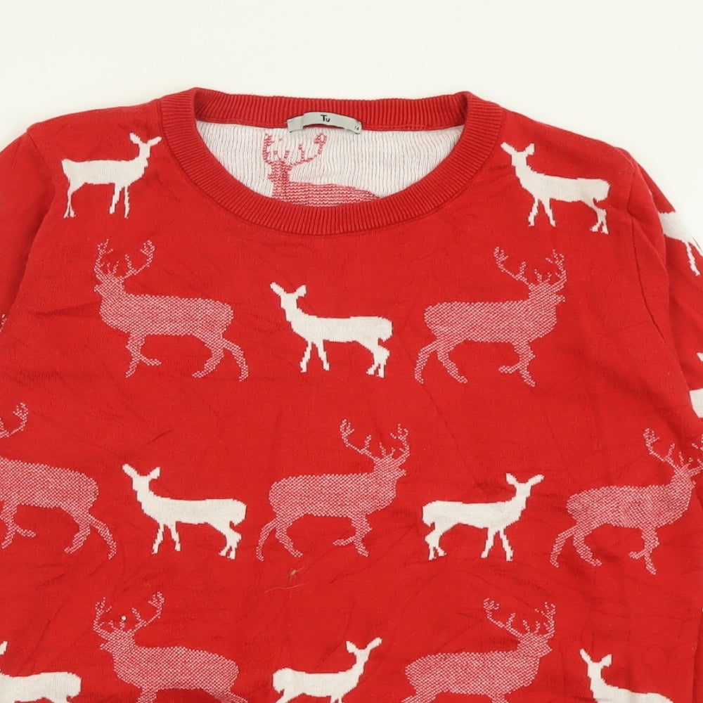 TU Womens Red Crew Neck Geometric Viscose Pullover Jumper Size 14   - Reindeer
