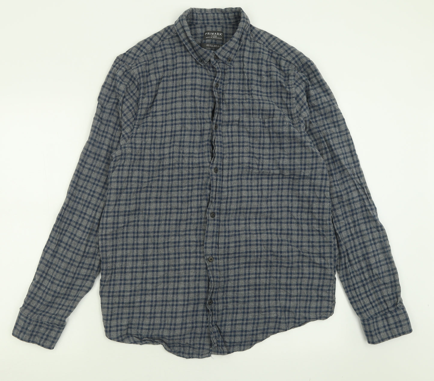 Primark Mens Grey Check Cotton  Button-Up Size XL Collared Button