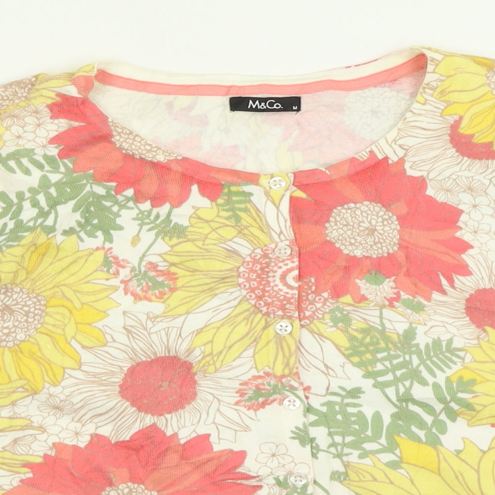 M&Co Womens Multicoloured Crew Neck Floral Cotton Cardigan Jumper Size M