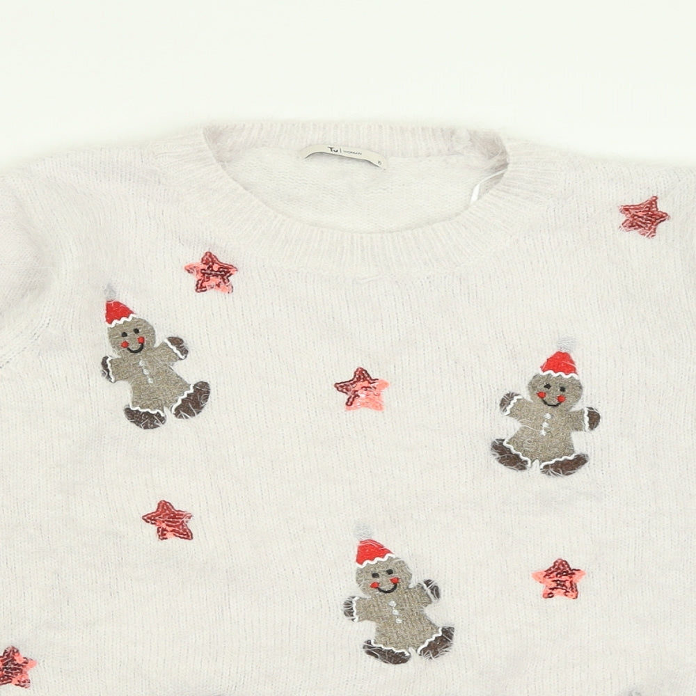 TU Womens Grey Crew Neck Geometric Polyamide Pullover Jumper Size 10   - Christmas Jumper