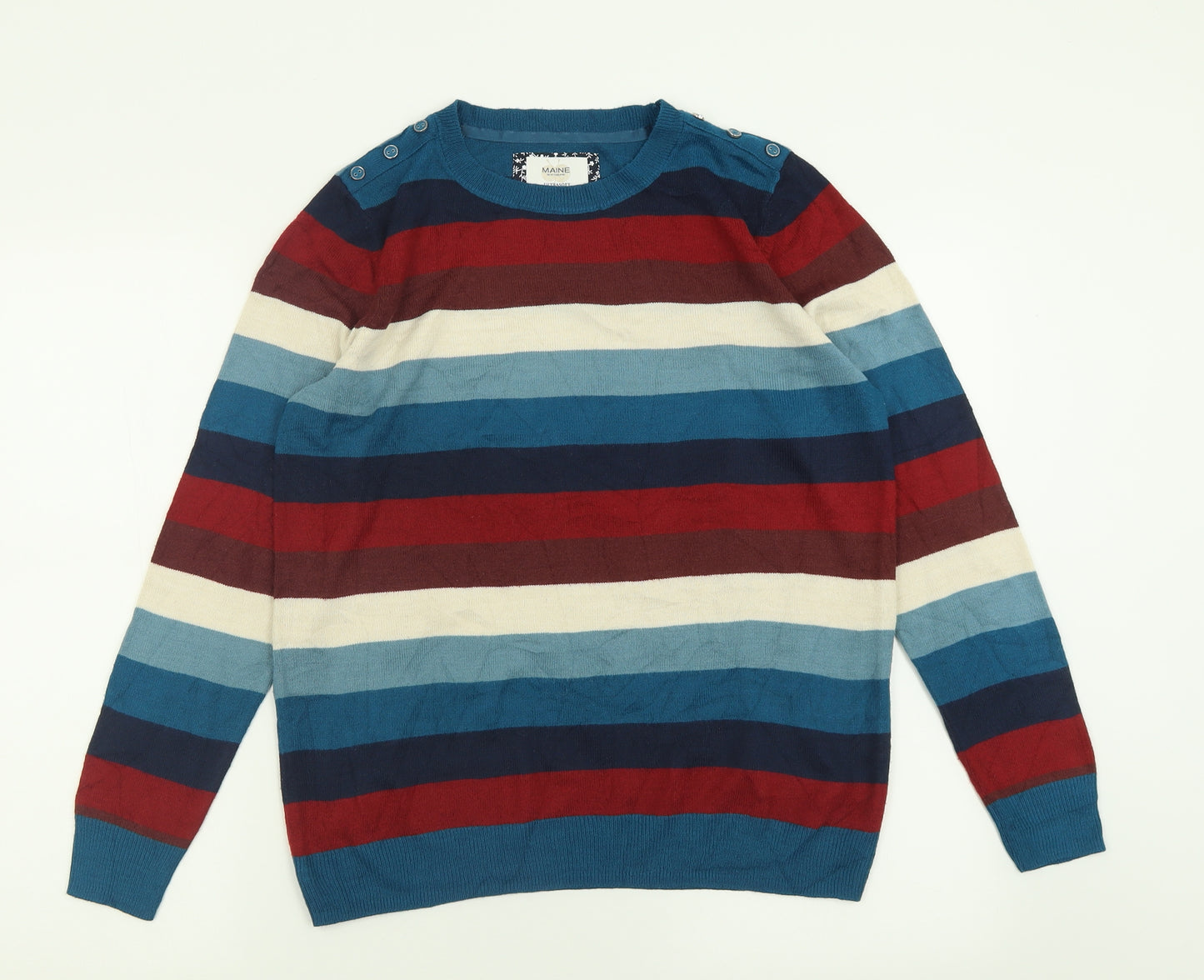 Maine Womens Blue Crew Neck Striped Acrylic Pullover Jumper Size 14