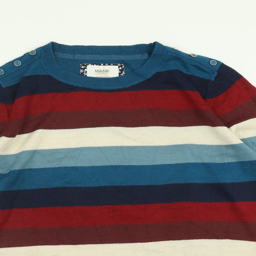 Maine Womens Blue Crew Neck Striped Acrylic Pullover Jumper Size 14