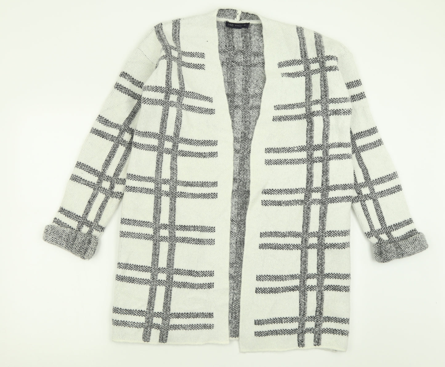 Marks and Spencer Womens White V-Neck Check Acrylic Cardigan Jumper Size M